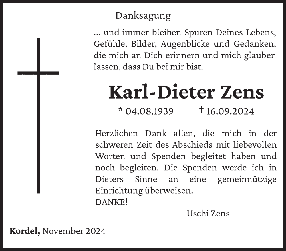  Traueranzeige für Karl-Dieter Zens vom 23.11.2024 aus trierischer_volksfreund