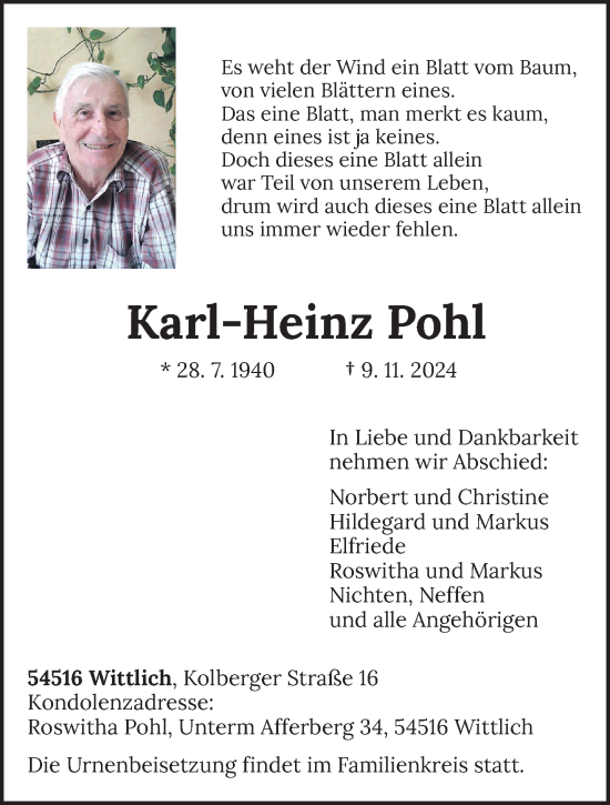 Traueranzeige von Karl-Heinz Pohl von trierischer_volksfreund