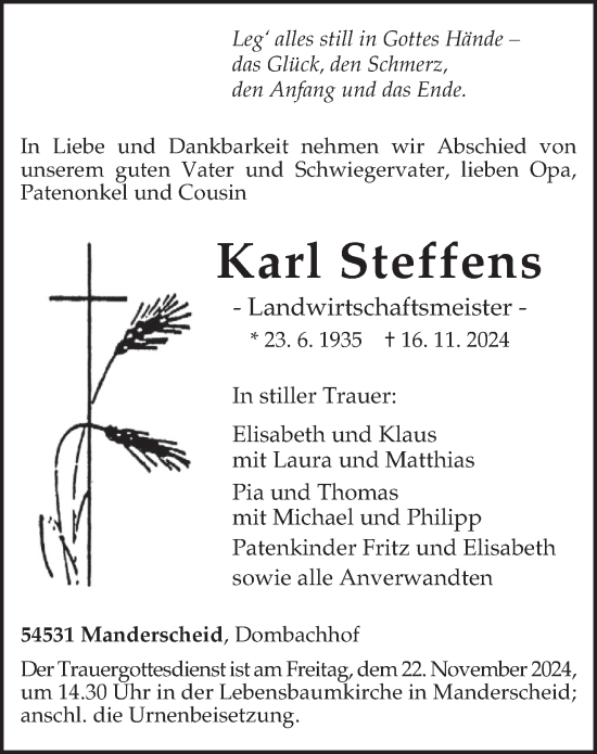 Traueranzeige von Karl Steffens von trierischer_volksfreund