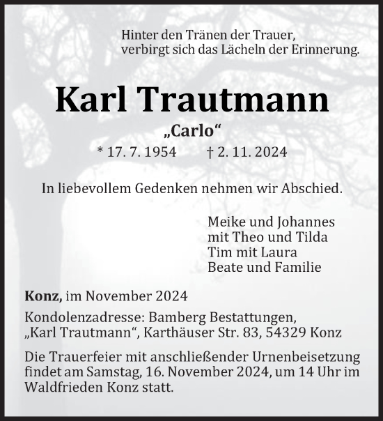 Traueranzeige von Karl Trautmann von trierischer_volksfreund