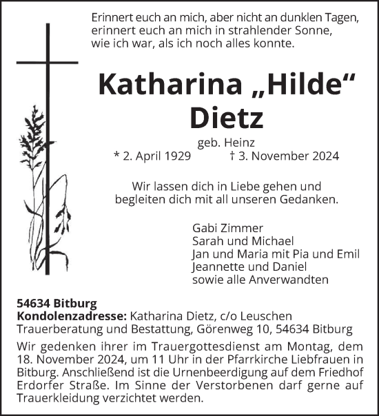 Traueranzeige von Katharina Dietz von trierischer_volksfreund