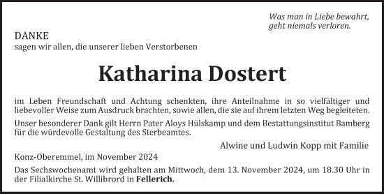 Traueranzeige von Katharina Dostert von trierischer_volksfreund