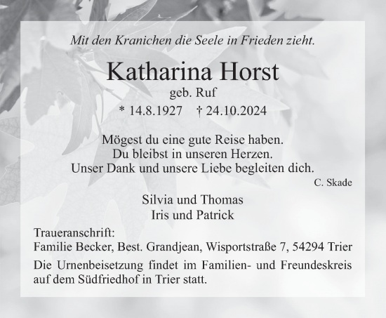 Traueranzeige von Katharina Horst von trierischer_volksfreund