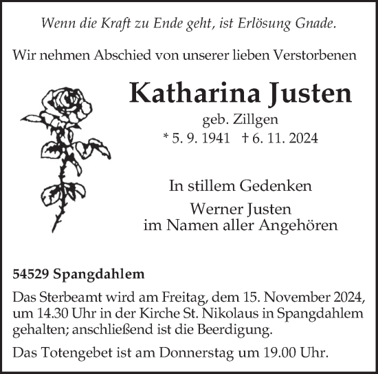 Traueranzeige von Katharina Justen von trierischer_volksfreund