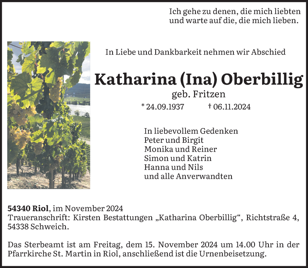  Traueranzeige für Katharina Oberbillig vom 09.11.2024 aus trierischer_volksfreund