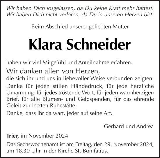 Traueranzeige von Klara Schneider von trierischer_volksfreund