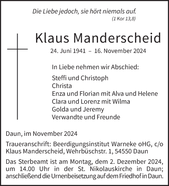 Traueranzeige von Klaus Manderscheid von trierischer_volksfreund