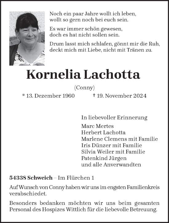 Traueranzeige von Kornelia Lachotta von trierischer_volksfreund