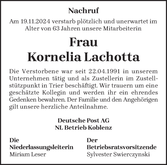 Traueranzeige von Kornelia Lachotta von trierischer_volksfreund