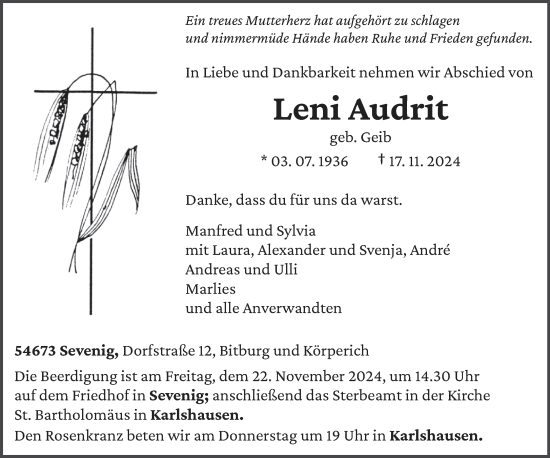 Traueranzeige von Leni Audrit von trierischer_volksfreund