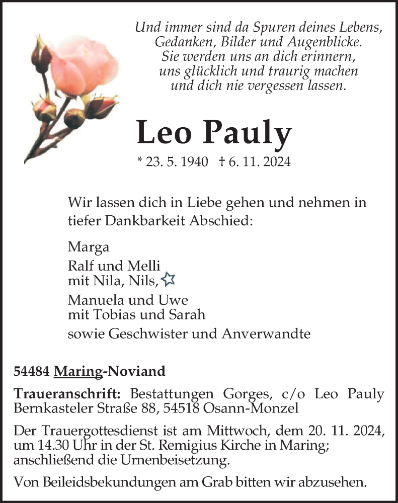  Traueranzeige für Leo Pauly vom 13.11.2024 aus trierischer_volksfreund