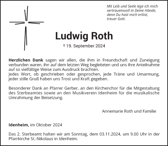 Traueranzeige von Ludwig Roth von trierischer_volksfreund