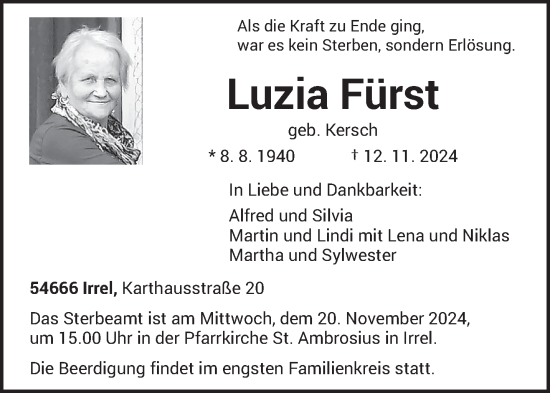 Traueranzeige von Luzia Fürst von trierischer_volksfreund