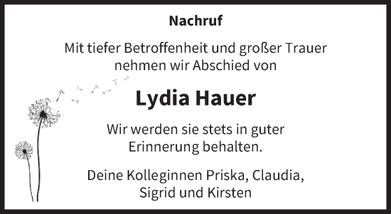 Traueranzeige von Lydia Hauer von trierischer_volksfreund