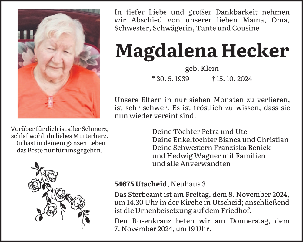  Traueranzeige für Magdalena Hecker vom 02.11.2024 aus trierischer_volksfreund