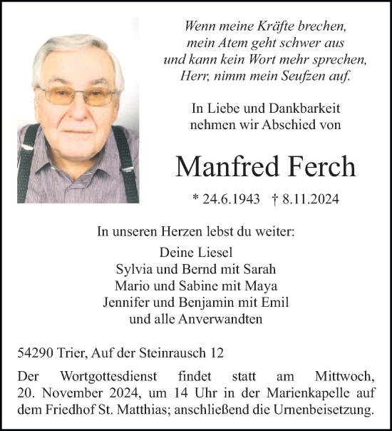 Traueranzeige von Manfred Ferch von trierischer_volksfreund