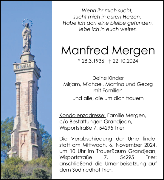 Traueranzeige von Manfred Mergen von trierischer_volksfreund