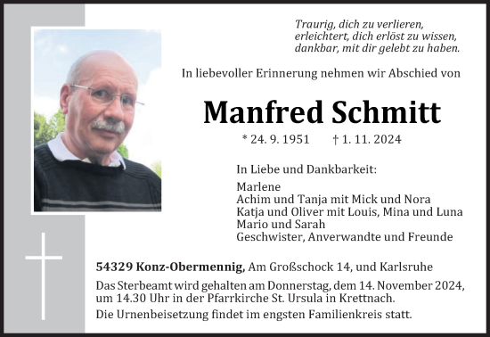 Traueranzeige von Manfred Schmitt von trierischer_volksfreund