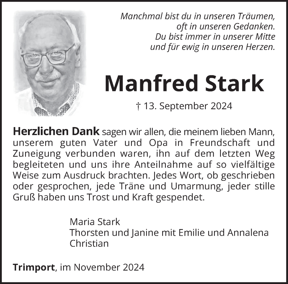 Traueranzeige für Manfred Stark vom 09.11.2024 aus trierischer_volksfreund
