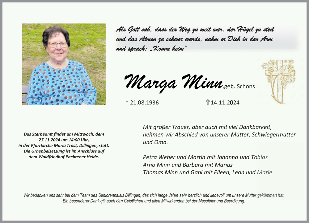  Traueranzeige für Marga Minn vom 23.11.2024 aus trierischer_volksfreund