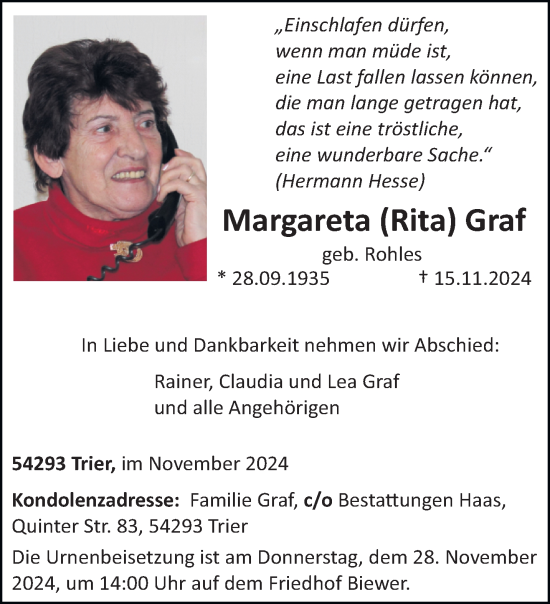 Traueranzeige von Margareta Graf von trierischer_volksfreund