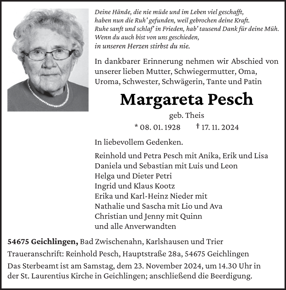  Traueranzeige für Margareta Pesch vom 20.11.2024 aus trierischer_volksfreund