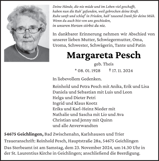 Traueranzeige von Margareta Pesch von trierischer_volksfreund