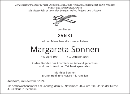 Traueranzeige von Margareta Sonnen von trierischer_volksfreund