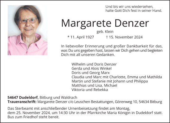 Traueranzeige von Margarete Denzer von trierischer_volksfreund