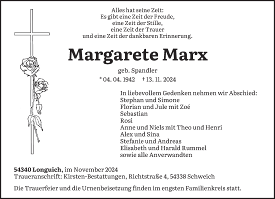 Traueranzeige von Margarete Marx von trierischer_volksfreund