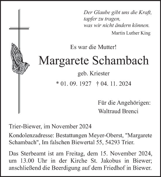 Traueranzeige von Margarete Schambach von trierischer_volksfreund