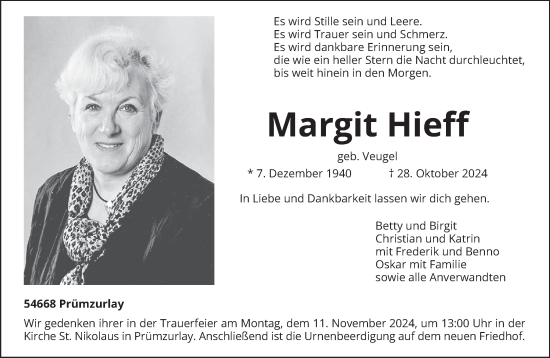 Traueranzeige von Margit Hieff von trierischer_volksfreund