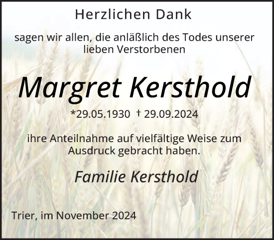 Traueranzeige von Margret Kersthold von trierischer_volksfreund