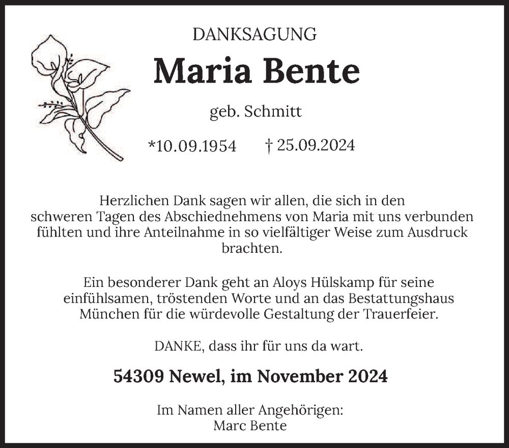  Traueranzeige für Maria Bente vom 02.11.2024 aus trierischer_volksfreund