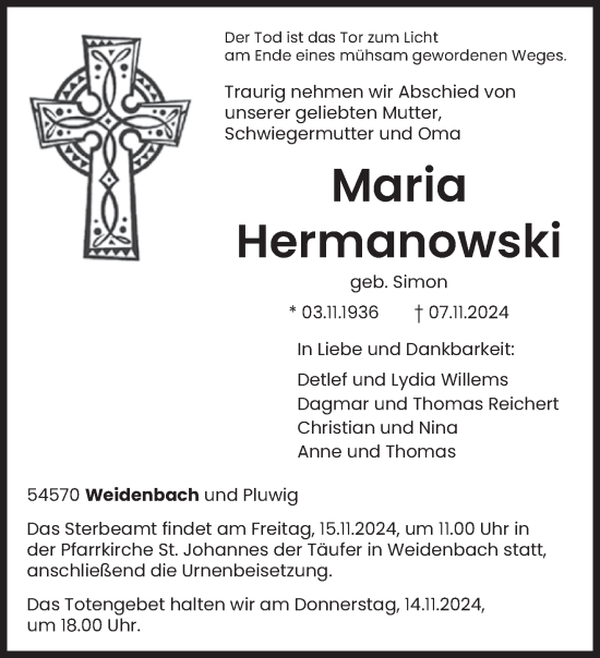 Traueranzeige von Maria Hermanowski von trierischer_volksfreund