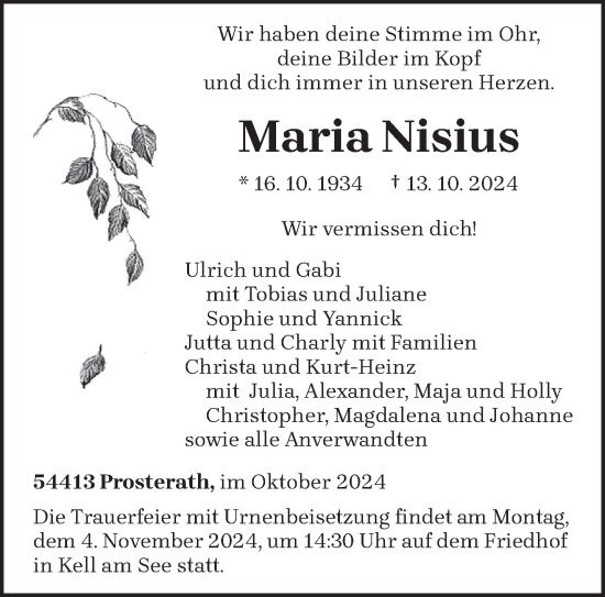 Traueranzeige von Maria Nisius von trierischer_volksfreund