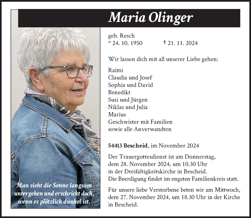  Traueranzeige für Maria Olinger vom 23.11.2024 aus trierischer_volksfreund