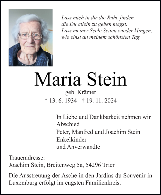 Traueranzeige von Maria Stein von trierischer_volksfreund