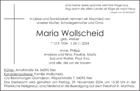 Traueranzeige von Maria Wollscheid von trierischer_volksfreund