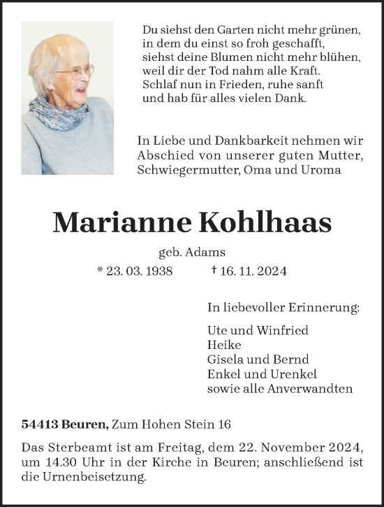 Traueranzeige von Marianne Kohlhaas von trierischer_volksfreund