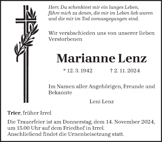 Traueranzeige von Marianne Lenz von trierischer_volksfreund