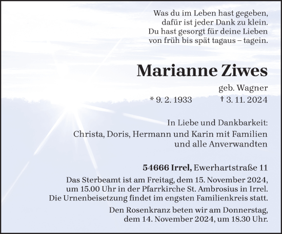 Traueranzeige von Marianne Ziwes von trierischer_volksfreund