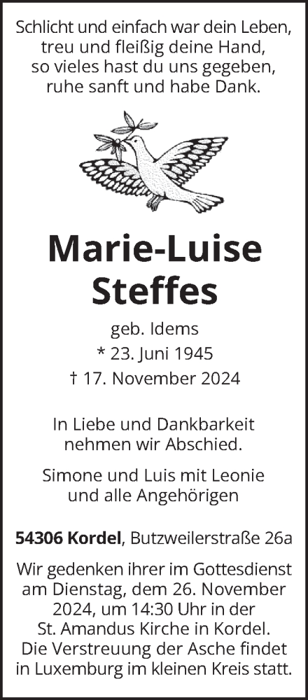 Traueranzeige von Marie-Luise Steffes von trierischer_volksfreund