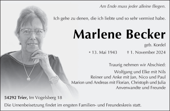 Traueranzeige von Marlene Becker von trierischer_volksfreund