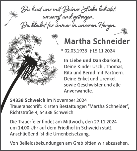 Traueranzeige von Martha Schneider von trierischer_volksfreund