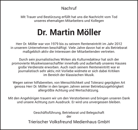 Traueranzeige von Martin Möller von trierischer_volksfreund