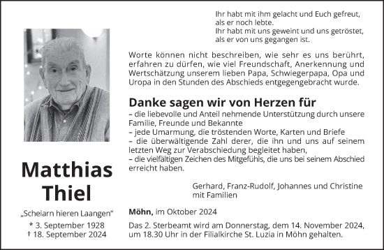 Traueranzeige von Matthias Thiel von trierischer_volksfreund