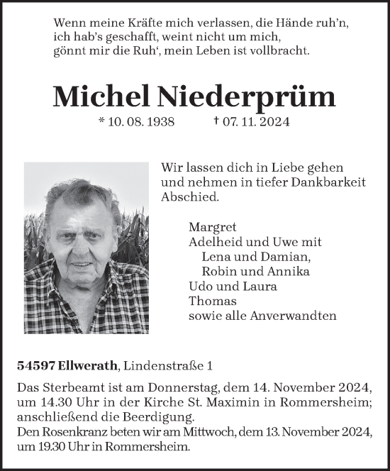 Traueranzeige von Michel Niederprüm von trierischer_volksfreund