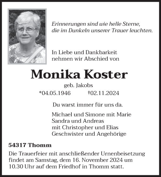 Traueranzeige von Monika Koster von trierischer_volksfreund