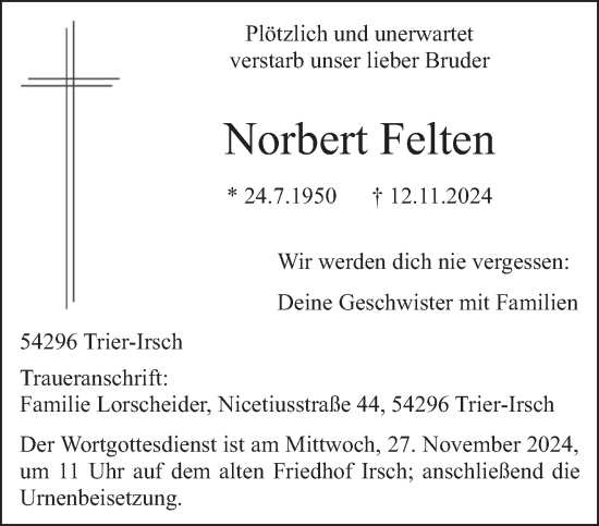 Traueranzeige von Norbert Felten von trierischer_volksfreund